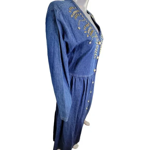 Vintage 90s Denim Midi Dress Women Medium Teacher Embellished Rhinestone 8 10 M - Picture 3 of 16